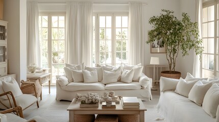Fototapeta premium A serene and sophisticated living room featuring a minimalist design with soft neutral tones and cream colored accents creating a cozy and inviting atmosphere for relaxation and comfort