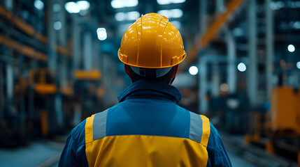 Industrial Worker in Safety Gear Looking at Factory