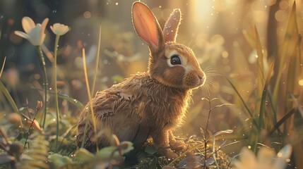 A brown bunny with big ears sits in a field of green grass and white flowers with warm sunlight shining through the trees.