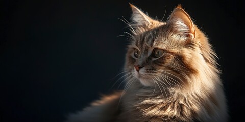 An elegant long-haired cat sat quietly in the shadow, with soft hair and gentle eyes