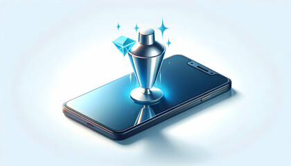 Flat Glossy Smartphone with Holographic Cocktail Shaker Floating Beside Isolated on White - Minimalistic Business Concept in Simple Flat Vector Illustration