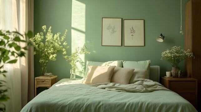 A serene green bedroom with a calming color scheme featuring sage green walls and matching decor creating a tranquil and harmonious living space with a modern minimalist aesthetic