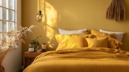 Warm and Inviting Mustard Yellow Bedroom Interior Design with Calming and Contemporary Aesthetic