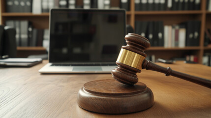 Obraz premium A wooden gavel and laptop on the desk in an office