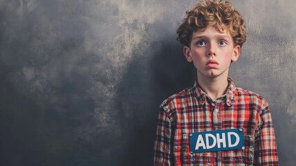 Caucasian boy with curly hair wearing plaid shirt, labeled ADHD