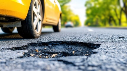 a car tire running over a pothole in the road of a city street, copy space