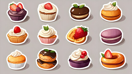 Cartoon Sweet Desserts Stickers Set Cupcake Macaron Donut