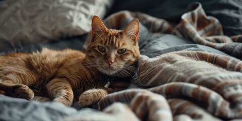 Lifelike, intricate indoor depiction of a cat resting on a bed, hesitant to rise, adorned with a collar featuring a noticeable tag, as the owner tries to entice them to come out.