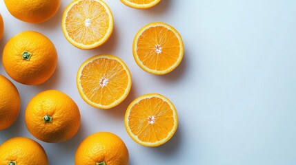 Fototapeta premium Fresh oranges, with some whole and some sliced, isolated on a white background, showcasing their bright color and premium quality