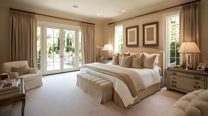 Serene Beige Bedroom Featuring Neutral Tones and Harmonious Furnishings A Cozy and Calming Interior Design Showcasing Clean Lines Soft Textures and a Tranquil Atmosphere