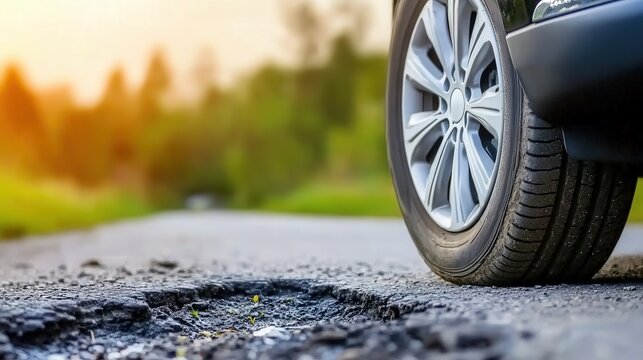 a car tire running over a pothole in the road of a city street, copy space