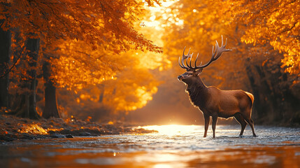 Majestic Red Deer Buck in Autumn Forest Stream
