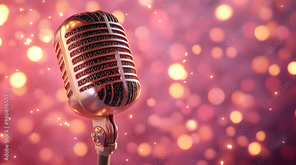 Wall mural vintage microphone with pink bokeh lights