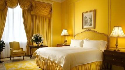 Serene Yellow Toned Bedroom with Golden Accents for Tranquil Interior Design  A cozy and inviting space with lemon yellow walls warm golden decor elements and a harmonious calming aesthetic