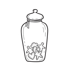 Glass jar with ginger cookies of different shapes in doodle engraved sketch style. Container for storing in kitchen or cafe with homemade biscuits inside. Christmas gift.