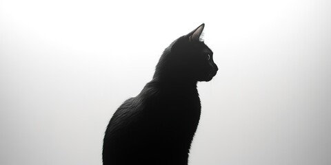 Black cat silhouette with arched back, set against a plain white background, minimal Halloween, spooky silhouette