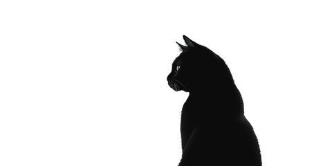 Black cat silhouette with arched back, set against a plain white background, minimal Halloween, spooky silhouette 