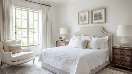 A serene and soothing bedroom with soft white walls cream colored accents and a minimalist contemporary design that creates a peaceful and inviting atmosphere