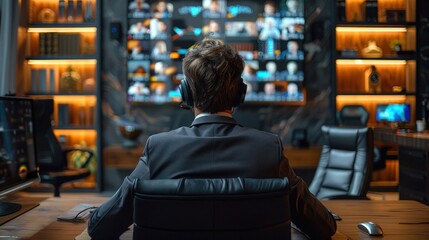 Obraz premium A man in a suit is sitting in front of a television with a headset on