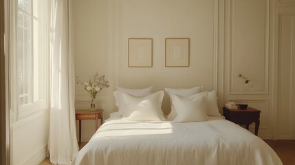 Serene Ivory Toned Bedroom with Refined Contemporary Design   A cozy tranquil space featuring soft ivory walls plush cream colored bedding and a minimalist elegant aesthetic for a restful