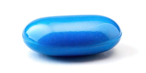 Macro shot of a single blue contraceptive pill isolated on a pure white background with high contrast and sharp focus emphasizing clarity