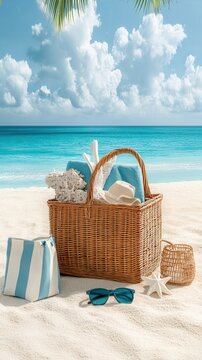 beach scene with picinic basket, towel, sunglasses, seashell, ocean