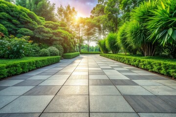 Fototapeta premium morning serenity minimalist scenes featuring smooth concrete pavement leading to subtle tile patterns surrounded by lush greenery in soft warm natural light