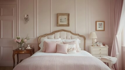 Fototapeta premium Peaceful and Cozy Bedroom Decorated in Soft Pale Pink Tones Highlighting a Minimalist and Elegant Interior Design Style