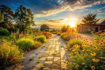 Fototapeta premium rustic charm countryside landscapes depicting worn concrete pavement complemented by earthy tiles among overgrown wildflowers in warm golden afternoon light