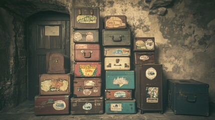 A collection of vintage, colorful travel trunks stacked against a weathered wall.