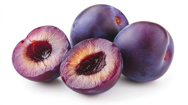Fresh plums, whole and halved, with rich purple skin and vibrant flesh, isolated on a white background