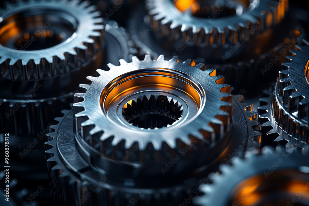 Poster a set of four interconnected gears in motion, depicting the mechanical cycle of interdependent syste
