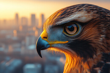 A close up of hawks focused eyes against blurred city skyline, showcasing its sharp features and intense gaze. warm colors of sunset enhance majestic appearance of bird..