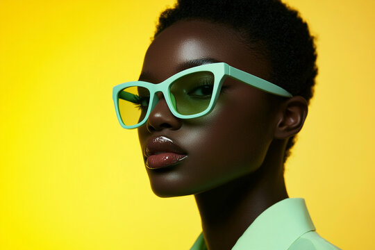 Trendsetting Woman in Mountain Green Eyewear with Solid Neon Yellow Background Fashion Portrait