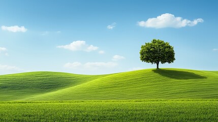 Obraz premium Gentle hills covered in lush green pastures, with a lone tree against a bright blue sky, copy space