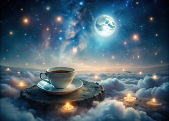 ethereal dreaming surreal landscape misty moonlit night lost in sci-fi novel glowing stars swirling clouds forgotten tea cup steaming foggy atmosphere