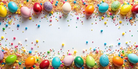 happy easter border bursting with colorful confetti and sprinkles in a fun geometric pattern against a bright white clean minimalist backdrop