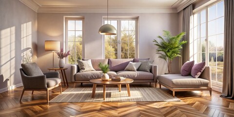 soft lavender herringbone pattern rustic wood flooring cozy minimalist living room warm afternoon