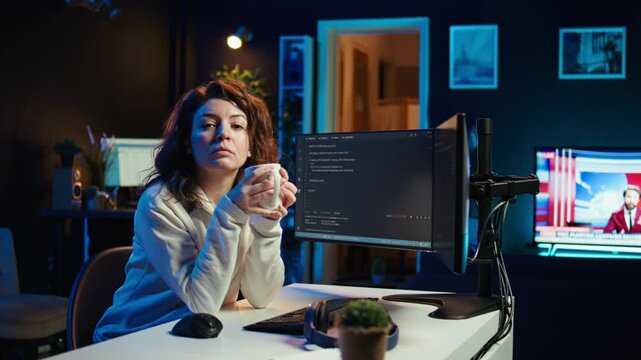 Portrait of happy computer engineer enjoying hot tea while implementing security measures to protect company systems and data. Joyful IT worker holding coffee mug and debugging code, camera B