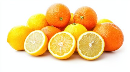Fototapeta premium High-quality oranges and lemons, freshly picked, isolated on a white background, vibrant and juicy