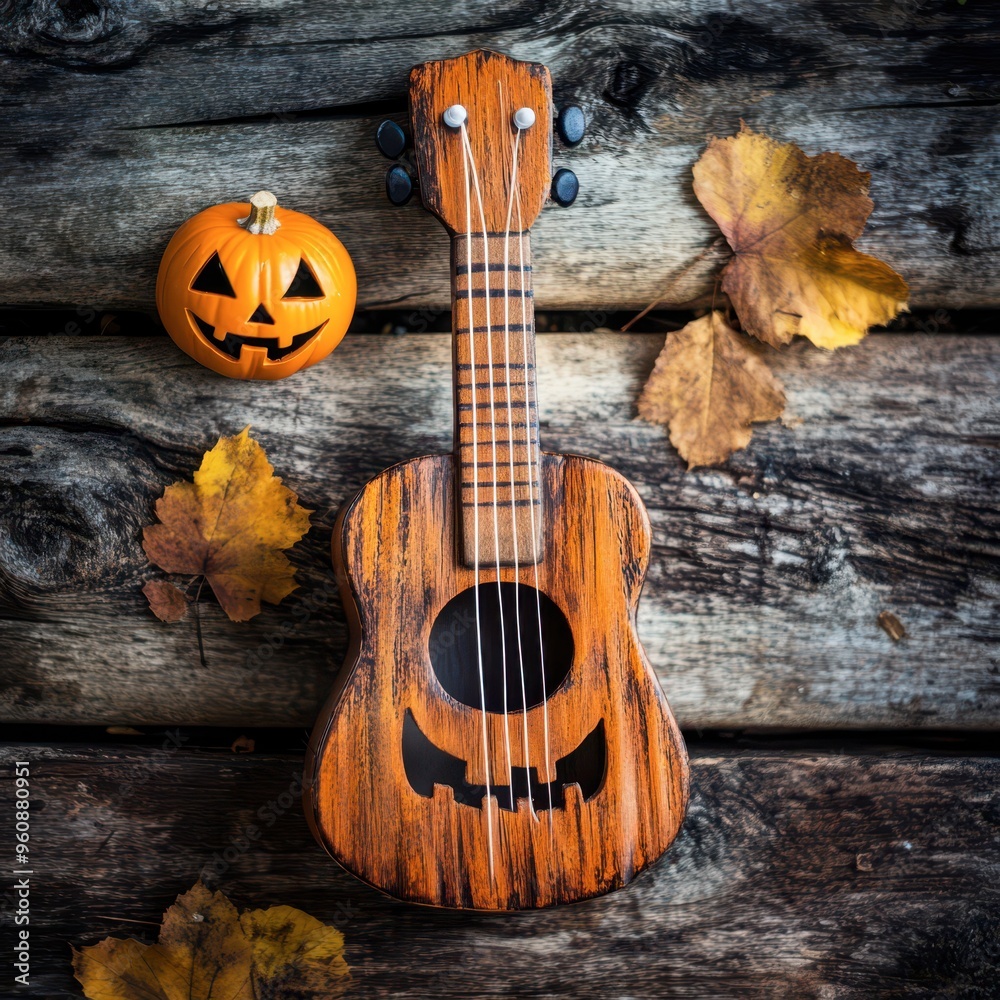 Wall mural A Halloween-themed ukulele with a pumpkin on a wooden surface