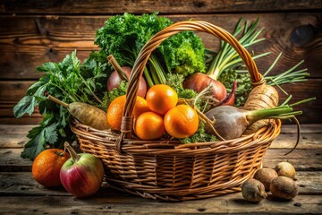 Rustic and earthy composition of oranges, root vegetables, and fresh herbs arranged in a weathered wicker basket with warm, golden light and natural, earthy tones