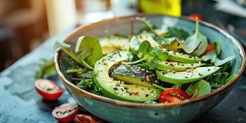 Bowl of Salad with Fresh Avocado Placed on the Surface