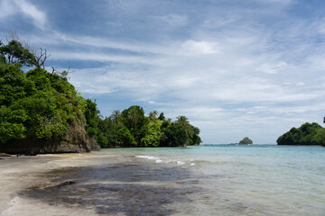 Clear Blue Water and Scenic Tropical Beach Surrounded by Palm Trees and Lush Nature - A Serene Island Paradise Offering Eco-Tourism and Adventure Travel in a Remote, Unspoiled Caribbean Destination