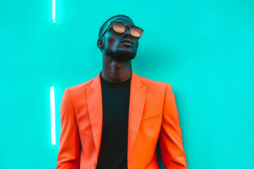 Modern Men in Bright Orange Suit with Solid Neon Aqua Background Trendsetting Portrait
