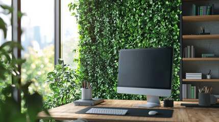 Fototapeta premium Home office with energy-efficient computers and smart energy management systems, focusing on sustainability