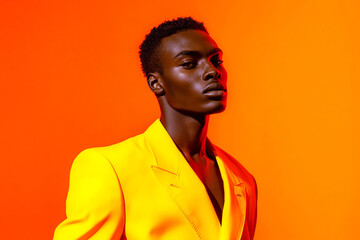 Obraz premium Stylish Men in Electric Yellow Suit with Solid Neon Orange Background Fashionable Portrait