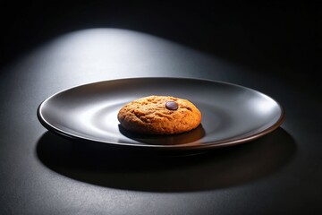 Dramatic contrast unfolds as a lone cookie sits atop a sleek black plate, set against a crisp white background and illuminated by a single shaft of light