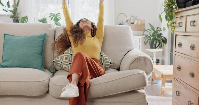 Success, good news or excited woman with phone, surprise alert or online results in home for giveaway. Wow, omg reaction and happy female person with mobile app bonus, victory or winning notification