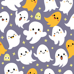 This seamless pattern features adorable little ghosts in various expressions perfect for festive decorations and creative projects related to Halloween fun